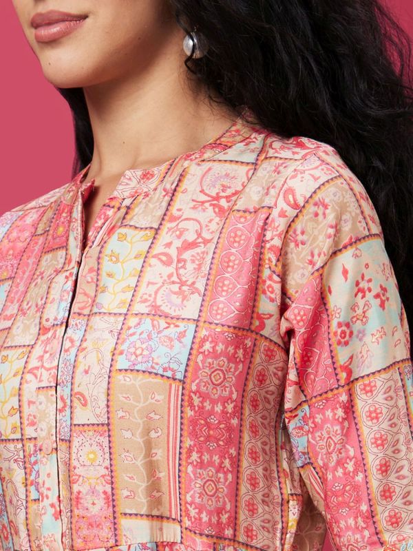 Globus Coral Mandarin Collar All Over Printed Belted Dress