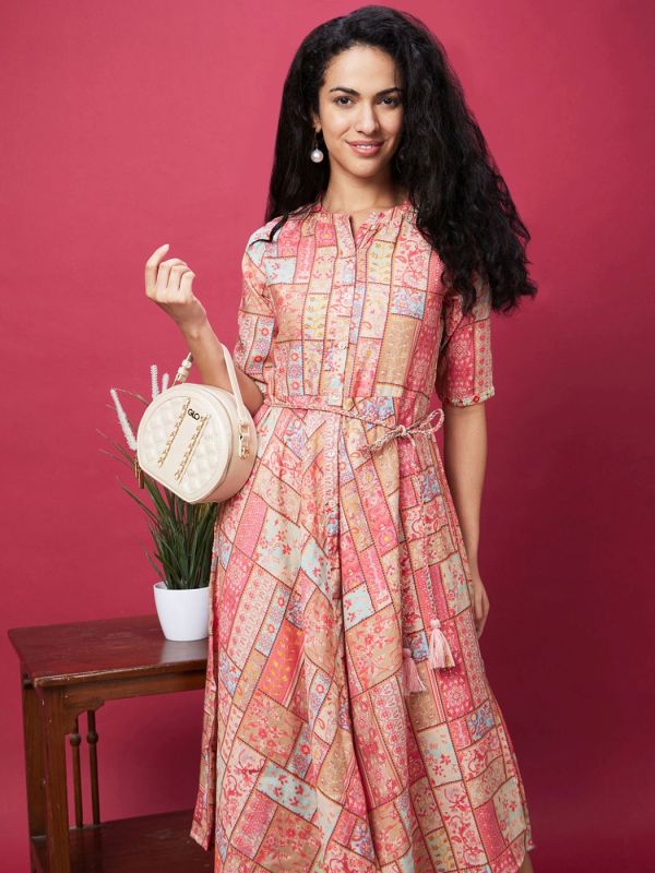Globus Coral Mandarin Collar All Over Printed Belted Dress