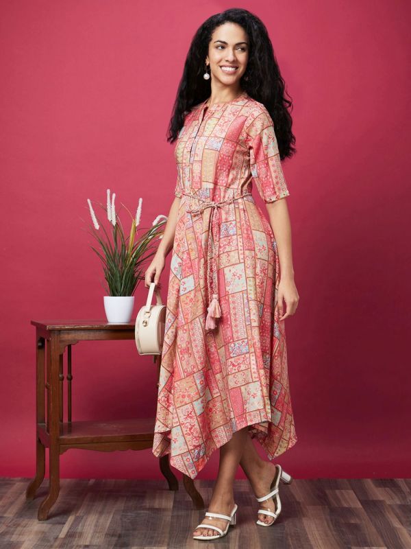 Globus Coral Mandarin Collar All Over Printed Belted Dress
