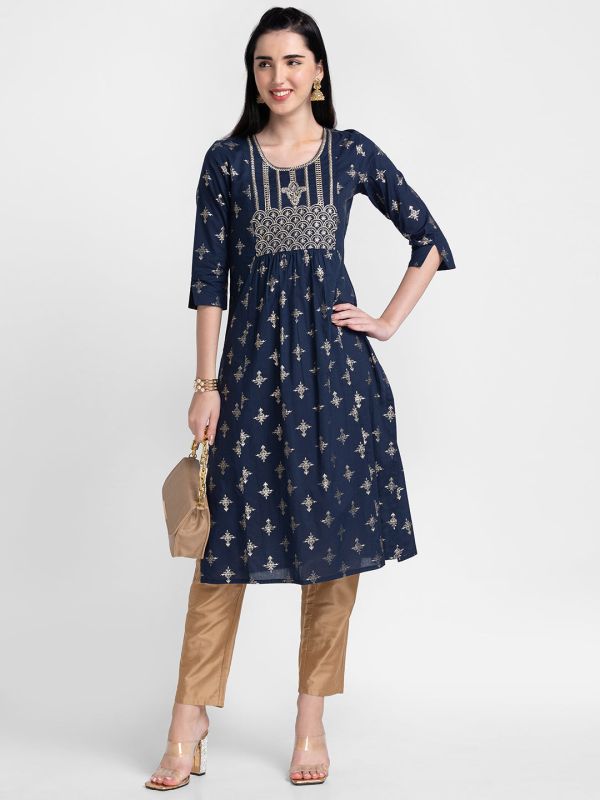 Globus Navy Blue Ethnic Motifs Kurta