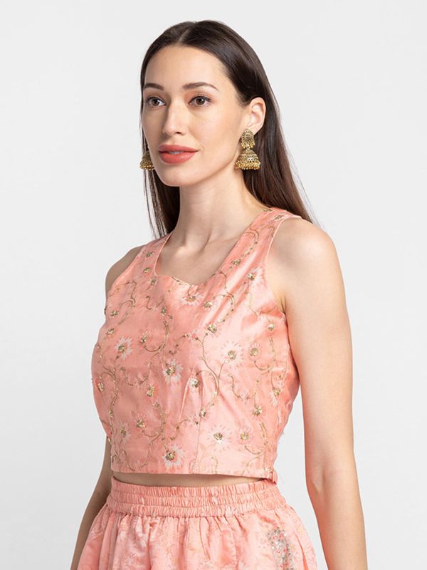 Globus Blush Pink Embroidered Sleeveless Ethnic Crop Top