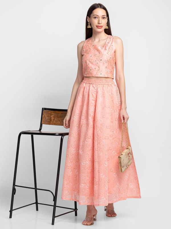 Globus Blush Pink Embroidered Sleeveless Ethnic Crop Top