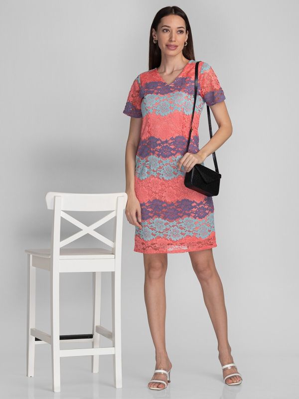 Globus Coral Self Design A-Line Lace Dress