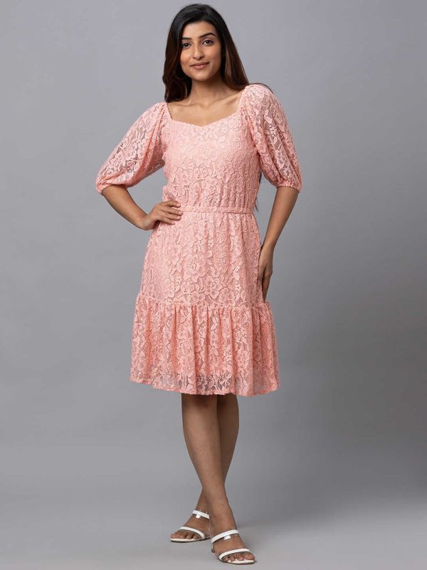 Globus Women Peach Self Design Fit and Flare Dress