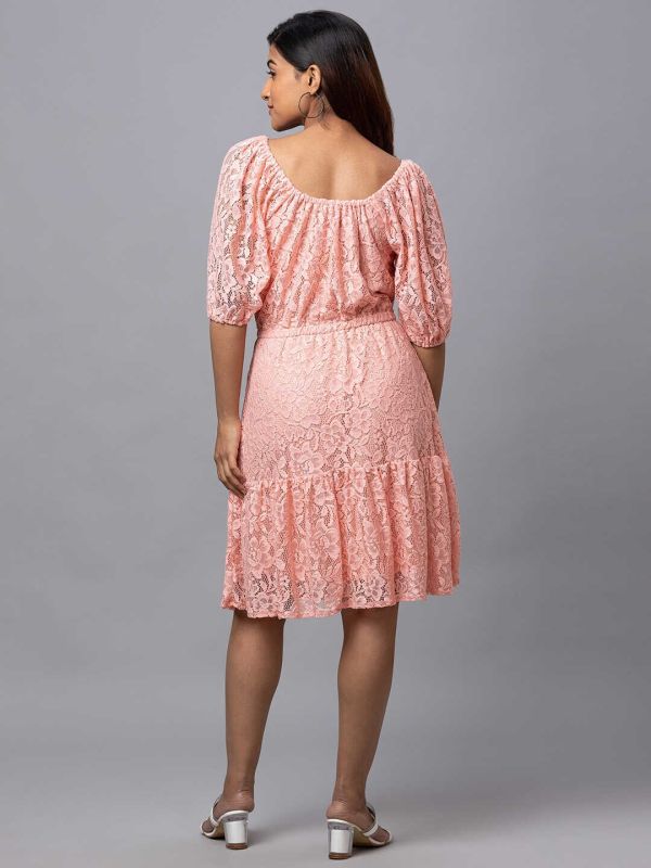Globus Women Peach Self Design Fit and Flare Dress