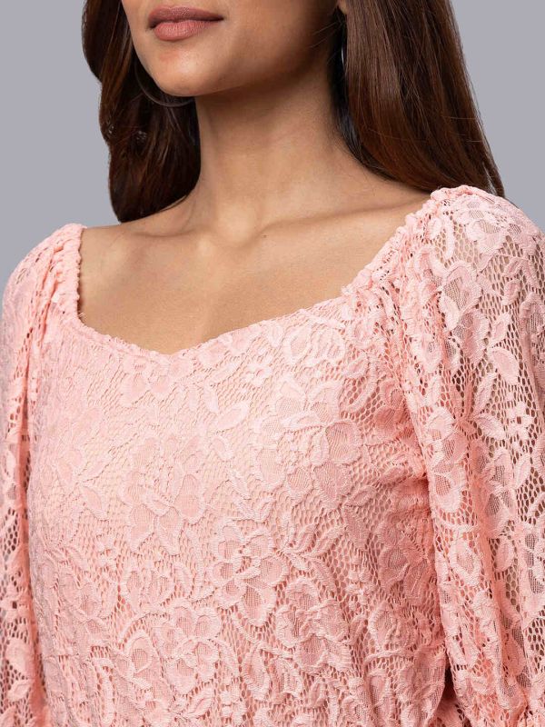 Globus Women Peach Self Design Fit and Flare Dress