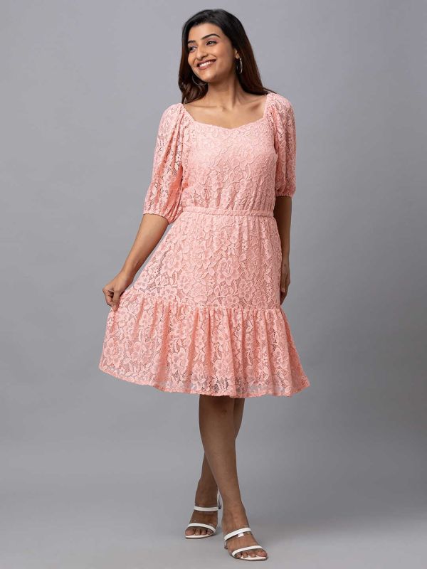 Globus Women Peach Self Design Fit and Flare Dress