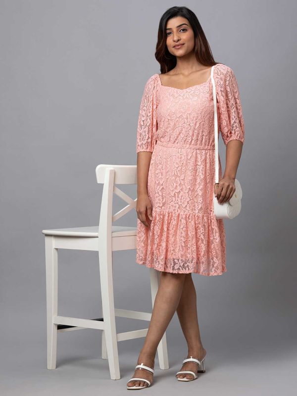 Globus Women Peach Self Design Fit and Flare Dress