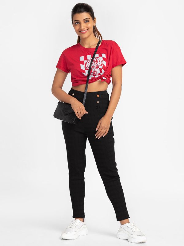 Globus Black Checked Skinny Fit Cropped Peg Trousers
