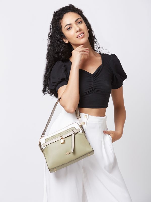 Globus Women Olive Colourblocked Casual Handheld Bag