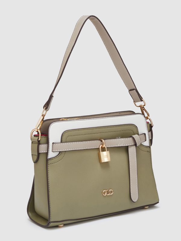 Globus Women Olive Colourblocked Casual Handheld Bag