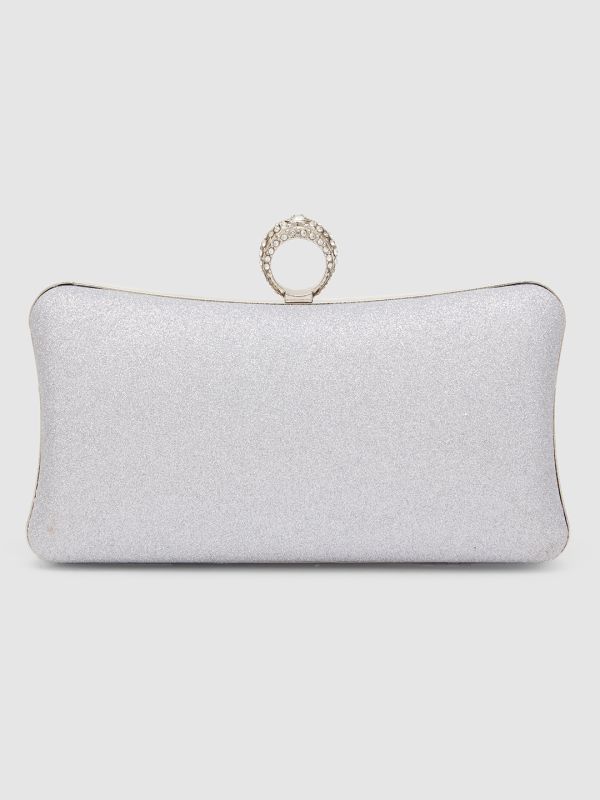 Globus Women Silver Embellished Party Box Clutch
