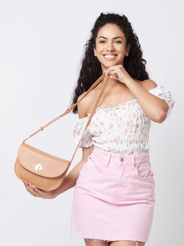 Globus Women Tan Solid Casual Sling Bag