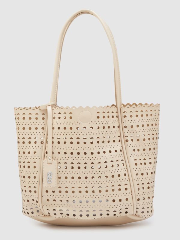 Globus Women Beige Self Design Casual Tote Bag
