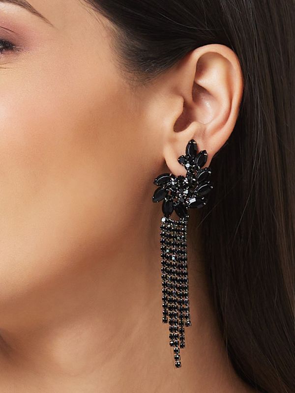 Globus Women Black Rhodium-Plated Floral Drop Earrings