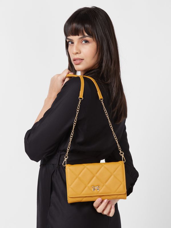 Globus Women Mustard Textured Vegan Leather Pouch Sling Bag
