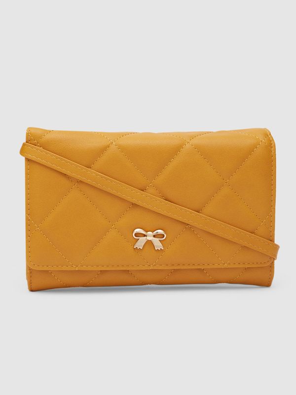 Globus Women Mustard Textured Vegan Leather Pouch Sling Bag