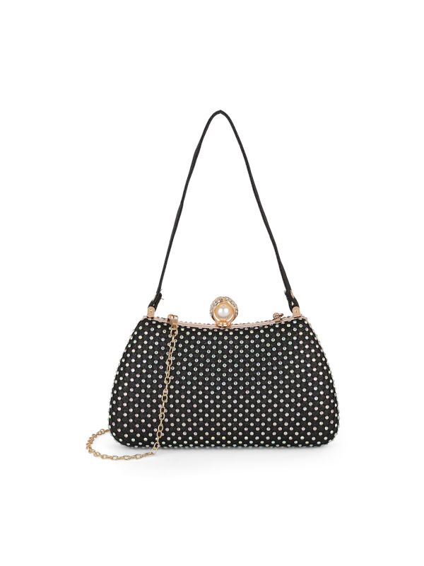 Globus Women Black Embellished Single Handle Curve Shape Party Clutch With Detachable Chain Strap