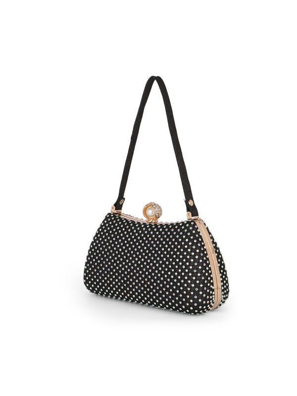 Globus Women Black Embellished Single Handle Curve Shape Party Clutch With Detachable Chain Strap