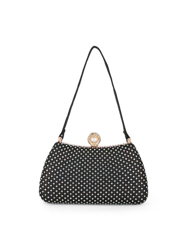Globus Women Black Embellished Single Handle Curve Shape Party Clutch With Detachable Chain Strap