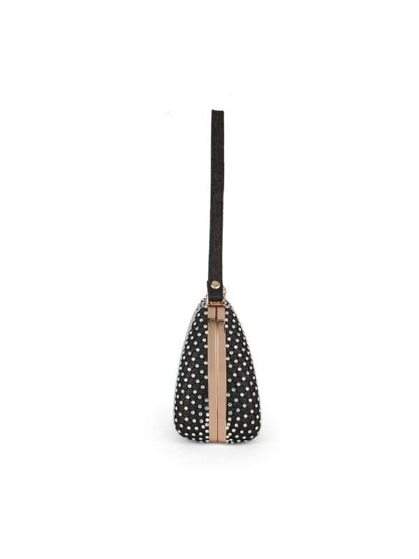 Globus Women Black Embellished Single Handle Curve Shape Party Clutch With Detachable Chain Strap