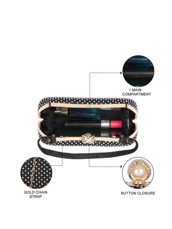 Globus Women Black Embellished Single Handle Curve Shape Party Clutch With Detachable Chain Strap