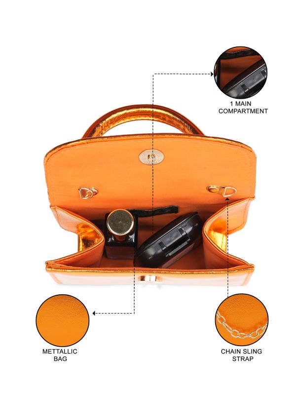 Globus Women Orange Shiny Single Handle Small Party Sling Bag With Detachable Chain Strap