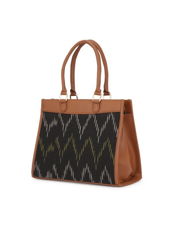 Globus Women Black Vegan Leather Ikat Abstract Print Double Handle Handheld Bag