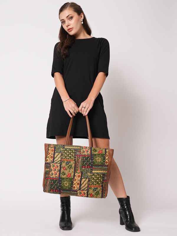 Globus Women Brown Vegan Leather Ethnic Floral Print Double Handle Tote Bag
