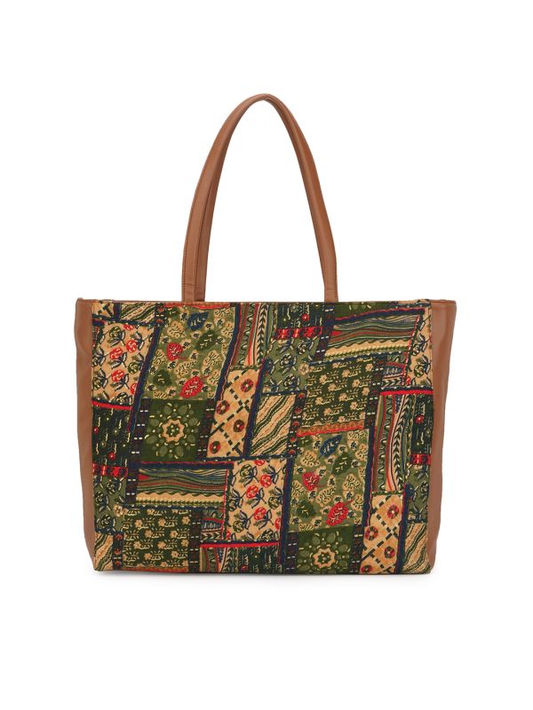 Globus Women Brown Vegan Leather Ethnic Floral Print Double Handle Tote Bag
