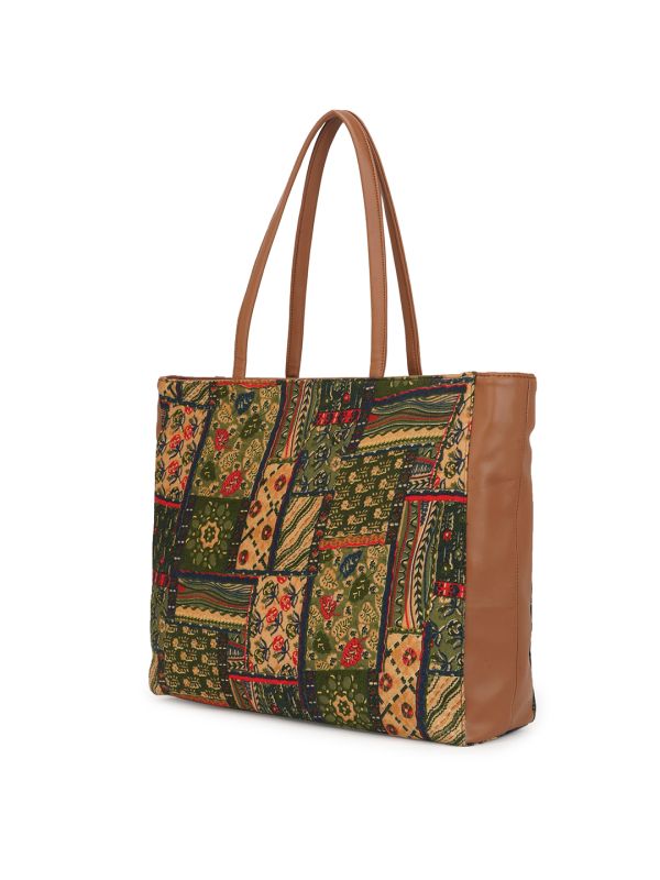 Globus Women Brown Vegan Leather Ethnic Floral Print Double Handle Tote Bag