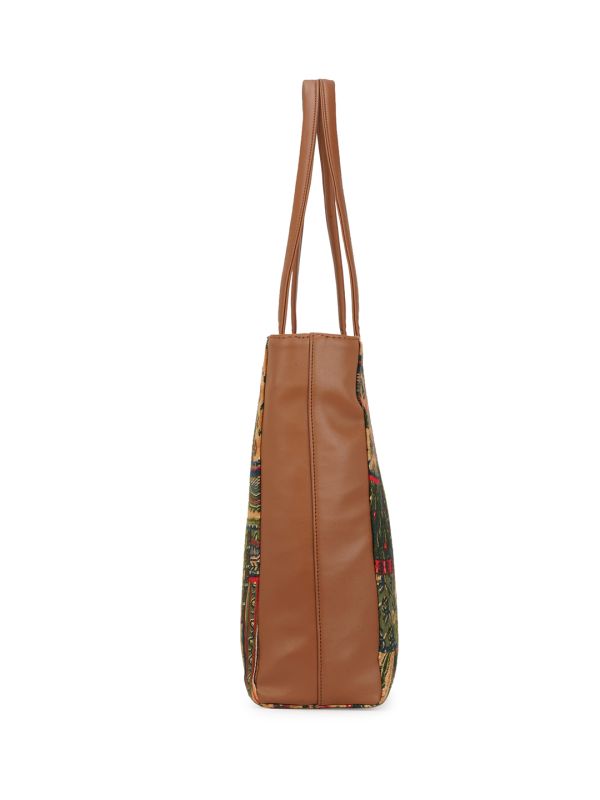 Globus Women Brown Vegan Leather Ethnic Floral Print Double Handle Tote Bag