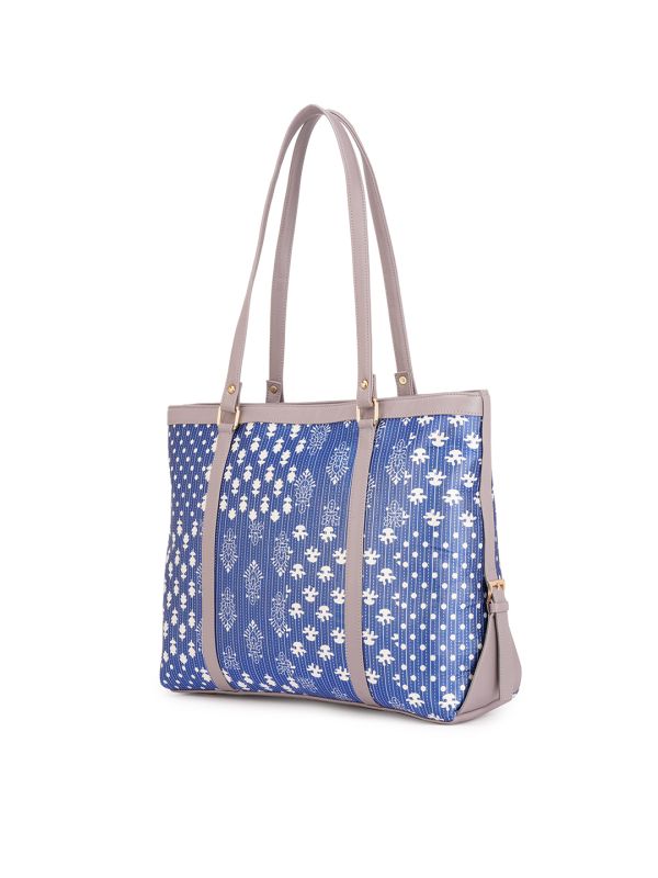 Globus Women Blue Vegan Leather Azrak Floral Print Double Handle Oversized Tote Bag