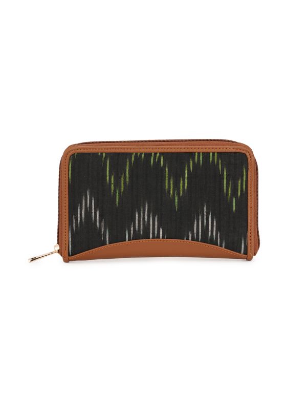 Globus Women Black Vegan Leather Woven Design Abstract Print Zip Around Wallet With Zip Coin Pocket
