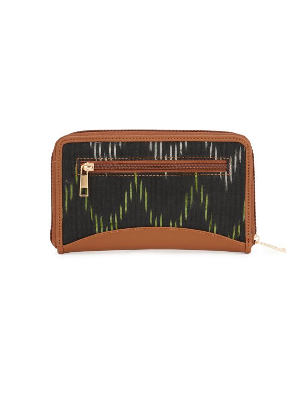 Globus Women Black Vegan Leather Woven Design Abstract Print Zip Around Wallet With Zip Coin Pocket