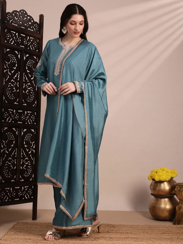 Globus Women Blue Long Sleeves Round Neck Sequinned & Zari Embroidery Work Kurta with Wide Leg Palazzos & Dupatta Festive Set