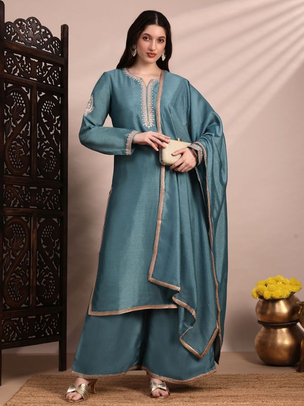 Globus Women Blue Long Sleeves Round Neck Sequinned & Zari Embroidery Work Kurta with Wide Leg Palazzos & Dupatta Festive Set