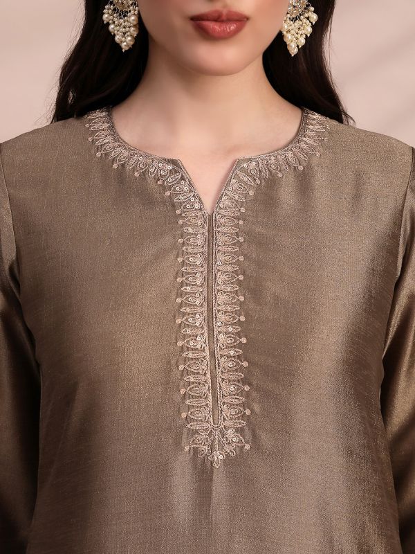 Globus Women Taupe Long Sleeves Round Neck Sequinned & Zari Embroidery Work Kurta with Wide Leg Palazzos & Dupatta Festive Set
