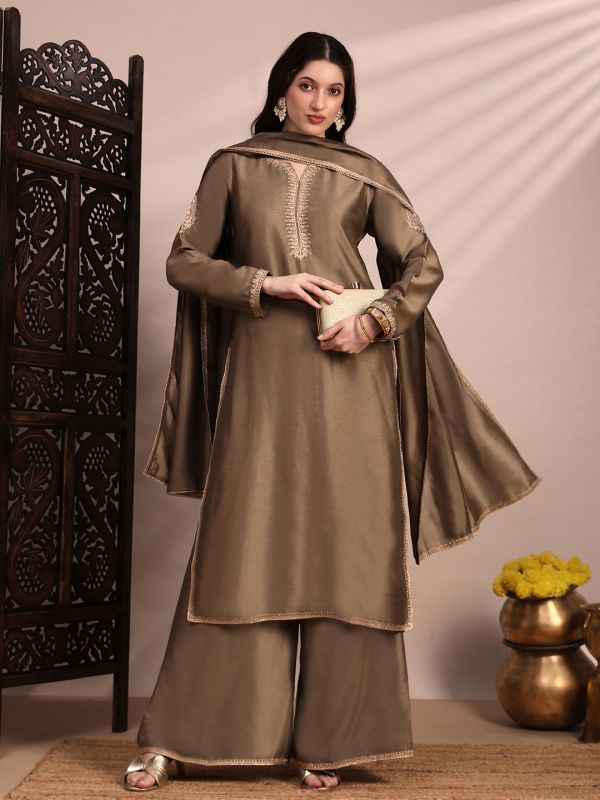 Globus Women Taupe Long Sleeves Round Neck Sequinned & Zari Embroidery Work Kurta with Wide Leg Palazzos & Dupatta Festive Set