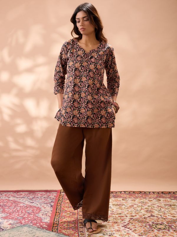 Globus Women Brown Solid High Rise Lace Detail Hem Straight Fit Wide Leg Ethnic Pants