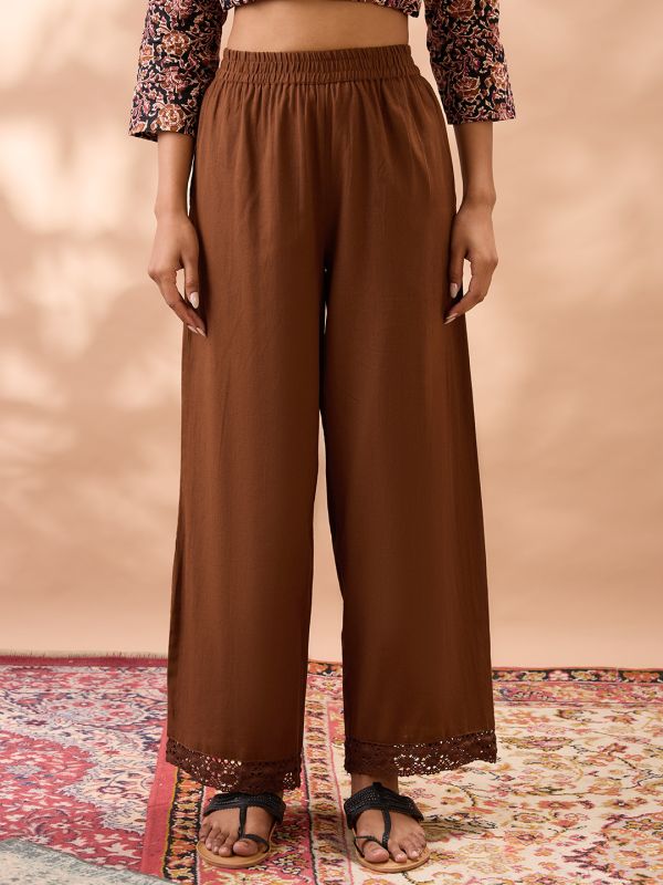 Globus Women Brown Solid High Rise Lace Detail Hem Straight Fit Wide Leg Ethnic Pants