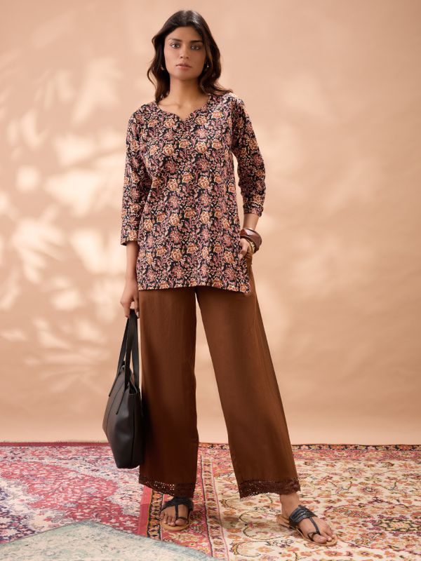 Globus Women Brown Solid High Rise Lace Detail Hem Straight Fit Wide Leg Ethnic Pants