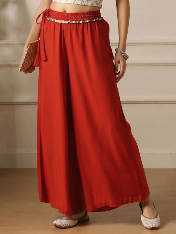 Globus Women Rust Lace Insert Drawstring Waist Wide Leg Flared Palazzo