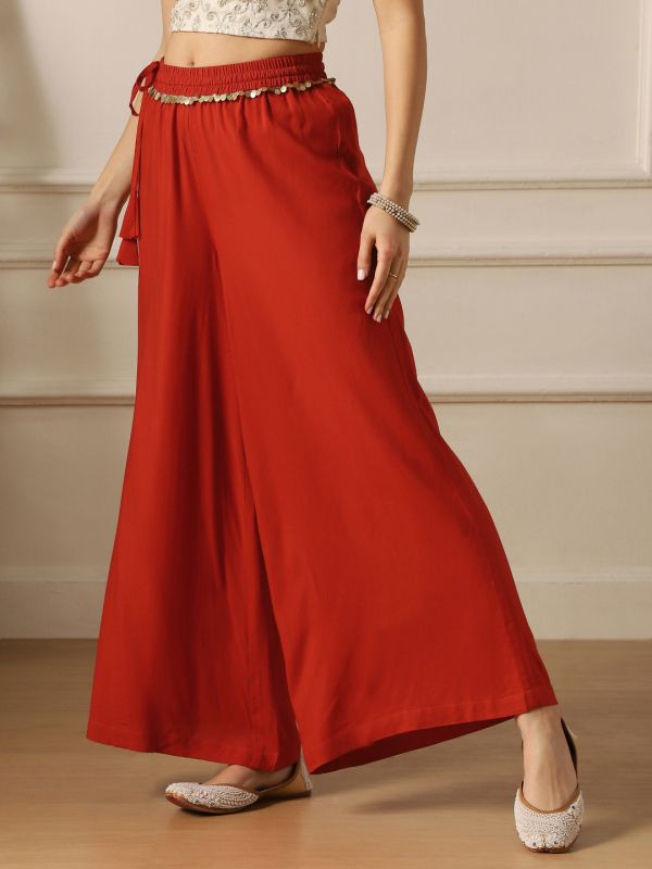 Globus Women Rust Lace Insert Drawstring Waist Wide Leg Flared Palazzo