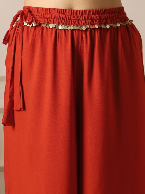 Globus Women Rust Lace Insert Drawstring Waist Wide Leg Flared Palazzo