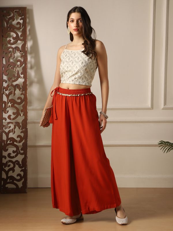 Globus Women Rust Lace Insert Drawstring Waist Wide Leg Flared Palazzo