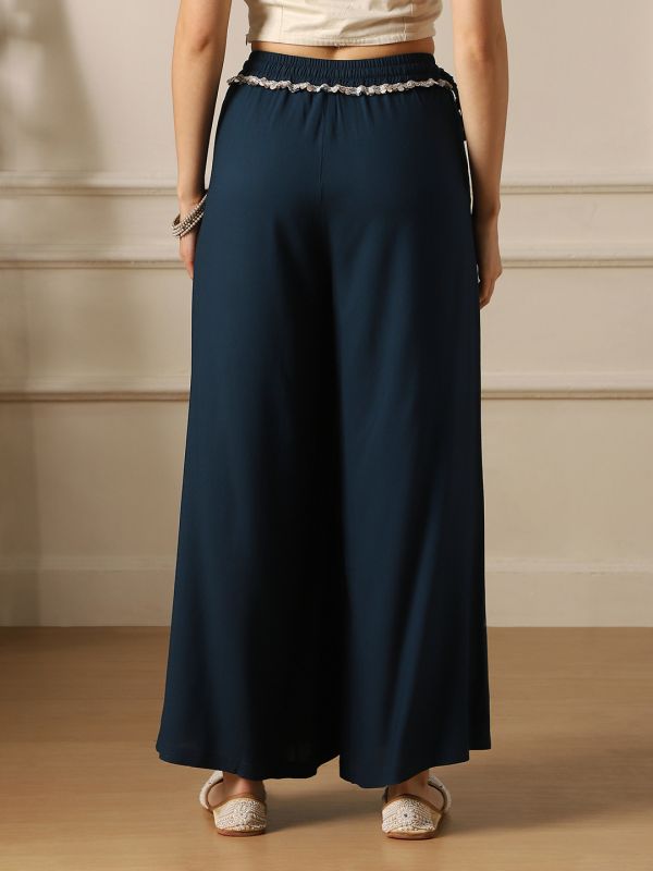 Globus Women Teal Lace Insert Drawstring Waist Wide Leg Flared Palazzo