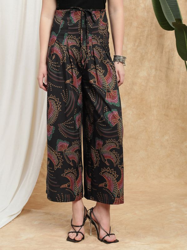 Globus Women Black Tropical Print Drawstring Waist High Rise Pleated Wide Leg Palazzos