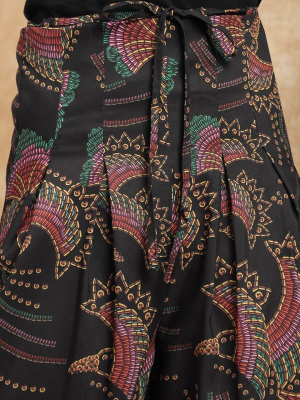 Globus Women Black Tropical Print Drawstring Waist High Rise Pleated Wide Leg Palazzos