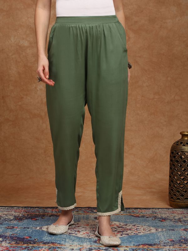 Globus Women Olive Mid Rise Lace Detail Tapered Fit Ethnic Pants